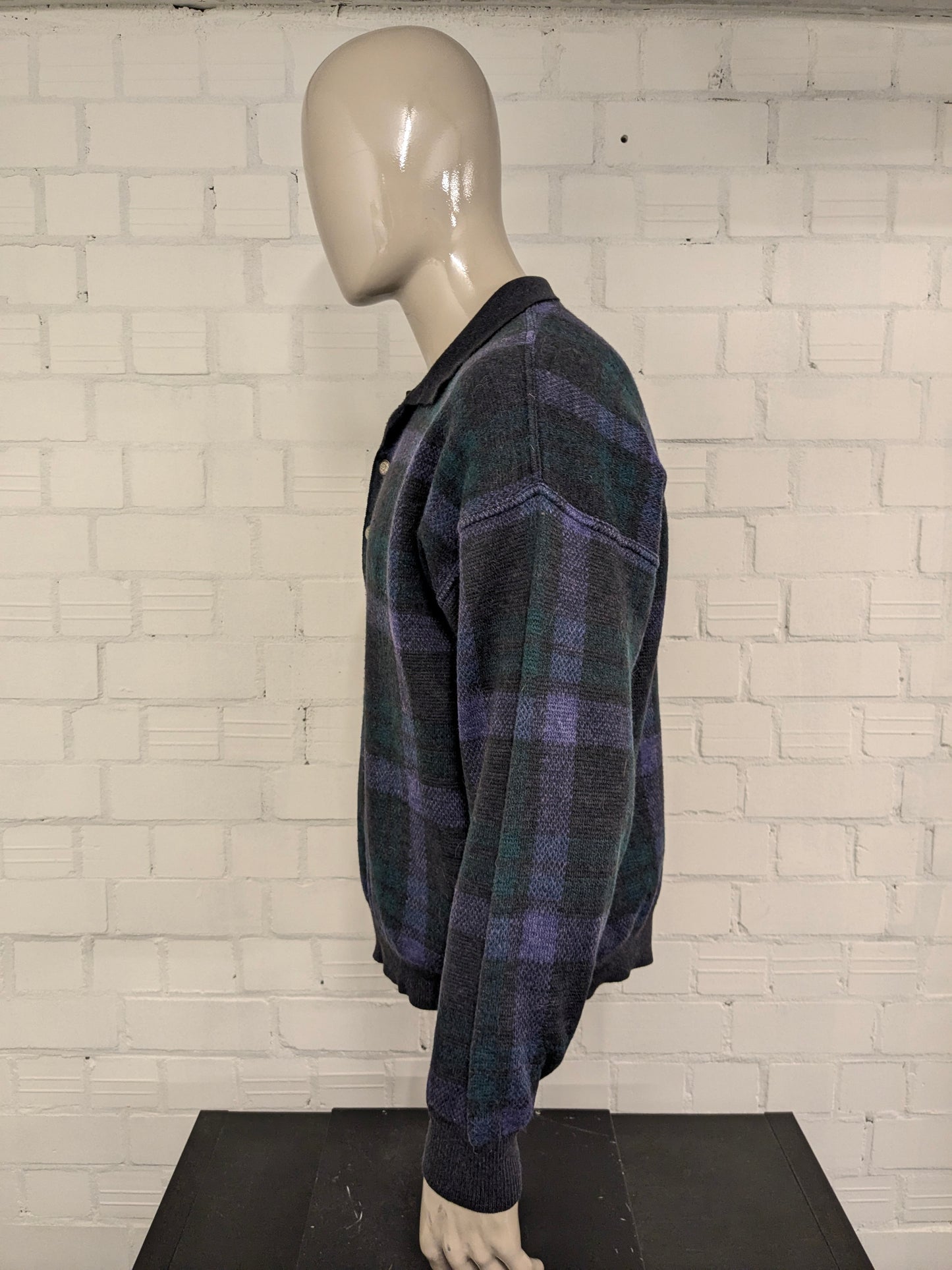 Vintage Alpaca Wollen Jockey polo trui met mooie knopen. Paars Grijs Groen gekleurd. Maat XL.