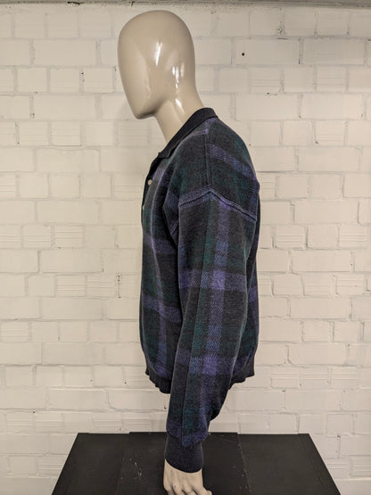 Vintage Alpaca Wollen Jockey polo trui met mooie knopen. Paars Grijs Groen gekleurd. Maat XL.