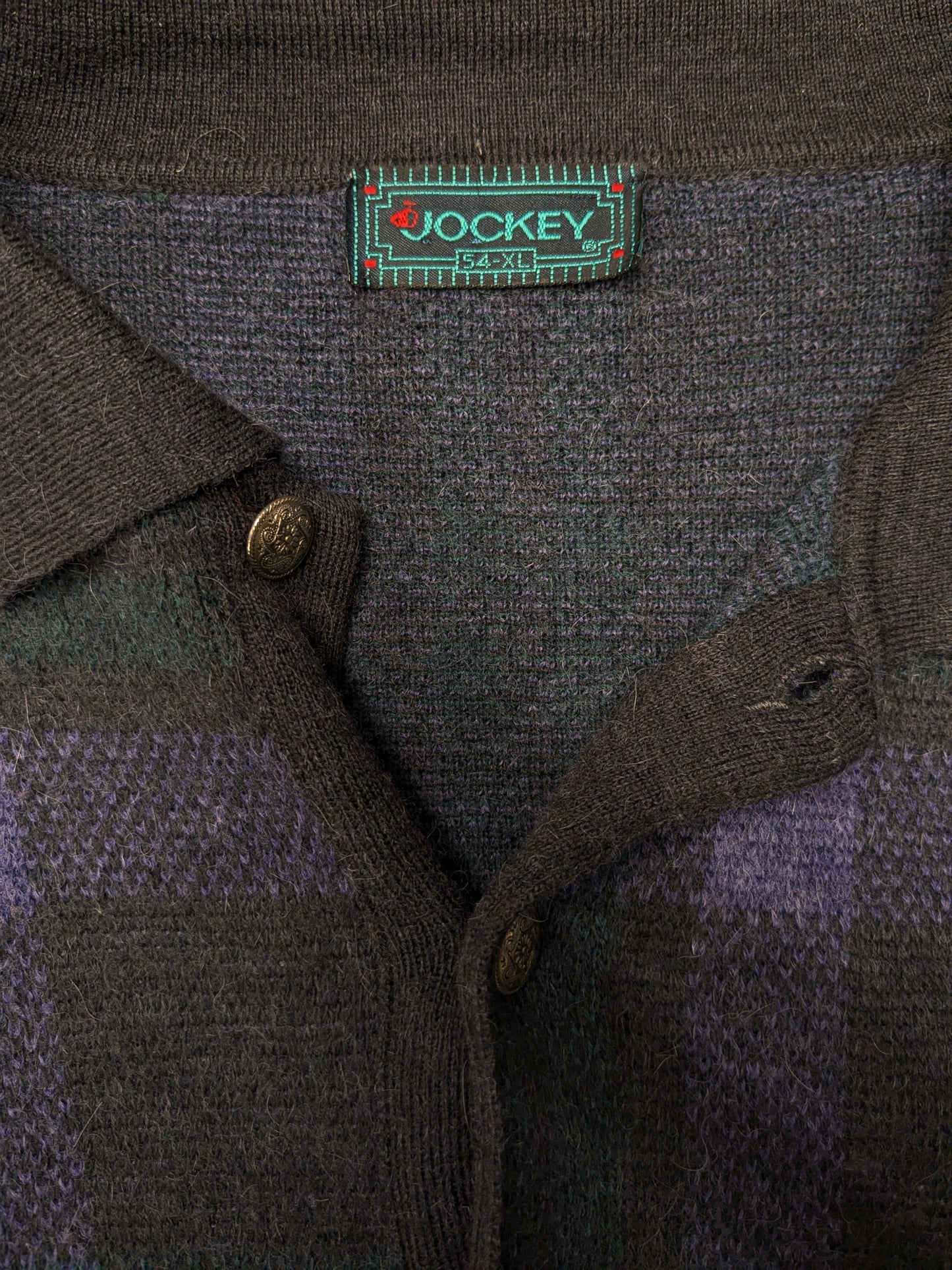 Vintage Alpaca Wollen Jockey polo trui met mooie knopen. Paars Grijs Groen gekleurd. Maat XL.