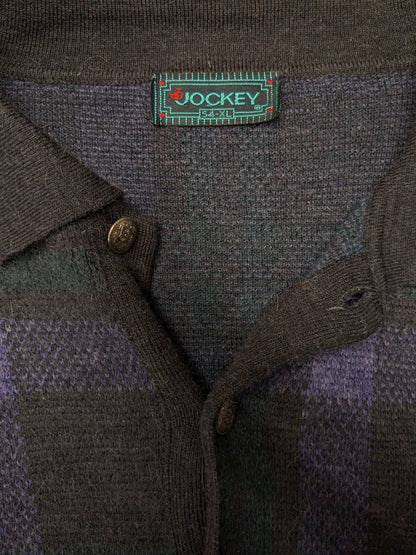 Vintage Alpaca Wollen Jockey polo trui met mooie knopen. Paars Grijs Groen gekleurd. Maat XL.