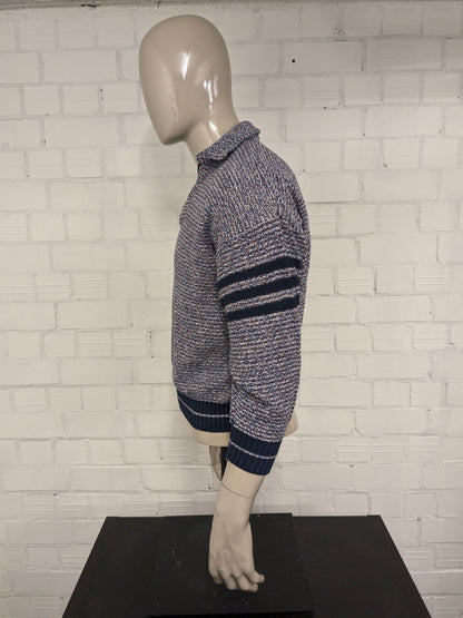 Pull vintage avec fermeture éclair. Bleu blanc rouge mélangé. Taille M.