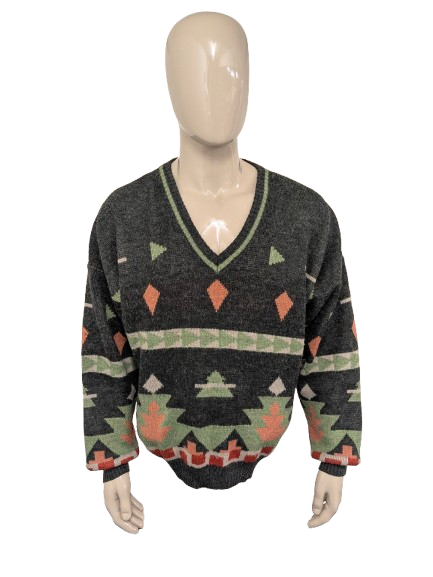 Vintage Laurens Wollen trui met V-Hals. Groen Roze Rood gekleurd. Maat XL. 30% Wol.
