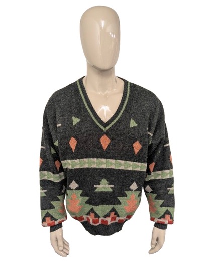 Vintage Laurens Wollen trui met V-Hals. Groen Roze Rood gekleurd. Maat XL. 30% Wol.