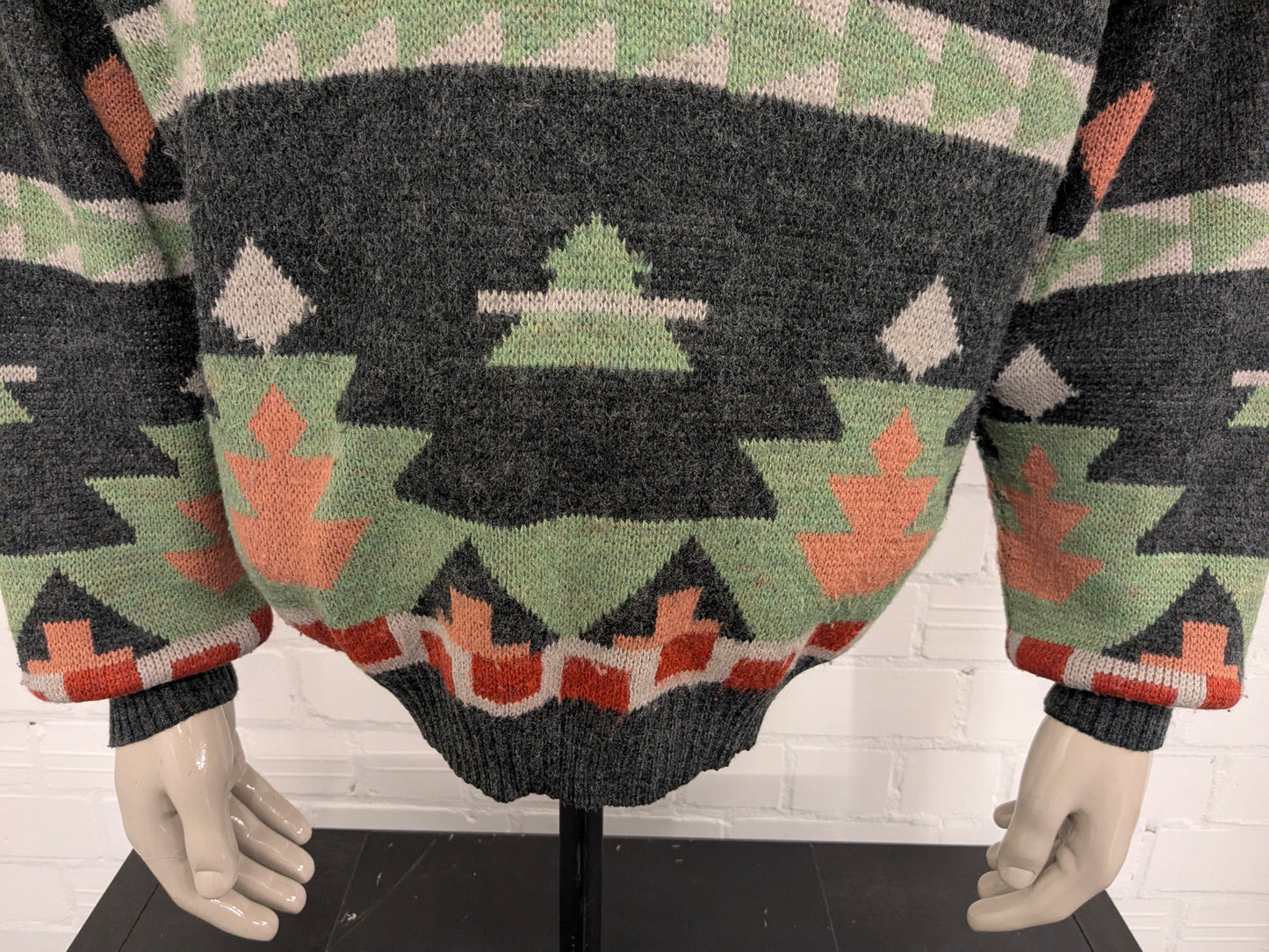 Vintage Laurens Wollen trui met V-Hals. Groen Roze Rood gekleurd. Maat XL. 30% Wol.