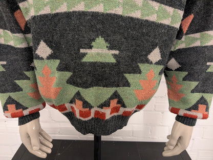 Vintage Laurens Wollen trui met V-Hals. Groen Roze Rood gekleurd. Maat XL. 30% Wol.