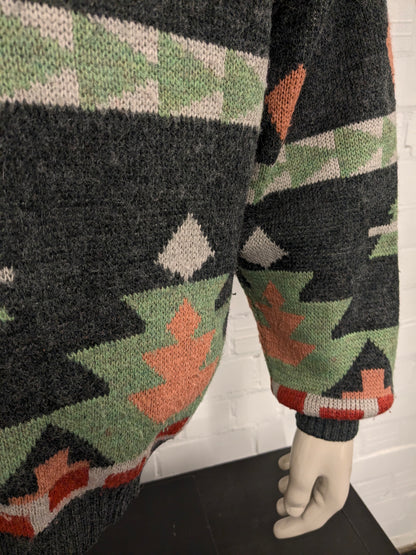 Vintage Laurens Wollen trui met V-Hals. Groen Roze Rood gekleurd. Maat XL. 30% Wol.