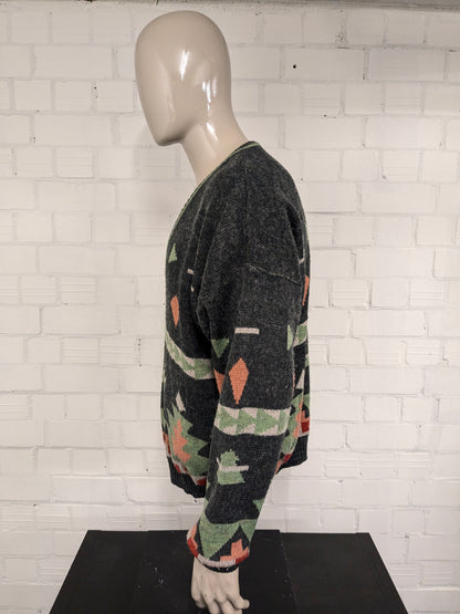 Vintage Laurens Wollen trui met V-Hals. Groen Roze Rood gekleurd. Maat XL. 30% Wol.