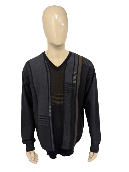 Vintage Baileys Pullover mit V-Ausschnitt – dunkelblau/grau/braun – Größe XL