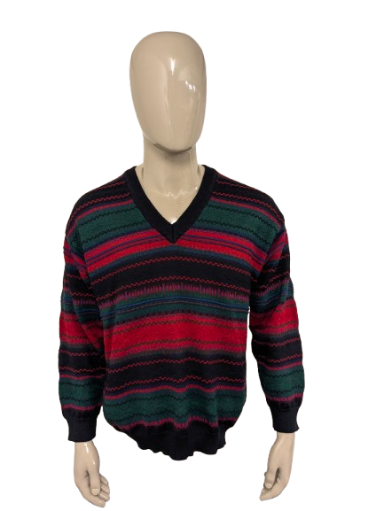 Vintage Frank Alexs Wollen trui met V-Hals. Rood Groen Blauw gekleurd. Maat XL. 50% Wol.
