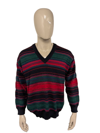 Vintage Frank Alexs Wollen trui met V-Hals. Rood Groen Blauw gekleurd. Maat XL. 50% Wol.