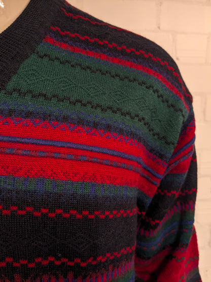 Vintage Frank Alexs Wollen trui met V-Hals. Rood Groen Blauw gekleurd. Maat XL. 50% Wol.