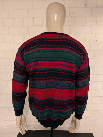 Vintage Frank Alexs Wollen trui met V-Hals. Rood Groen Blauw gekleurd. Maat XL. 50% Wol.