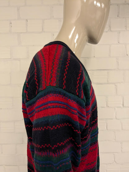 Vintage Frank Alexs Wollen trui met V-Hals. Rood Groen Blauw gekleurd. Maat XL. 50% Wol.