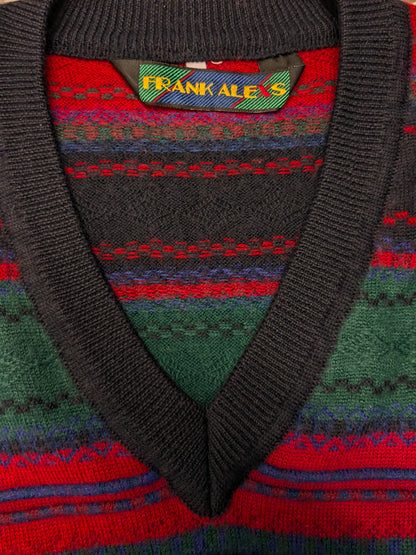 Vintage Frank Alexs Wollen trui met V-Hals. Rood Groen Blauw gekleurd. Maat XL. 50% Wol.