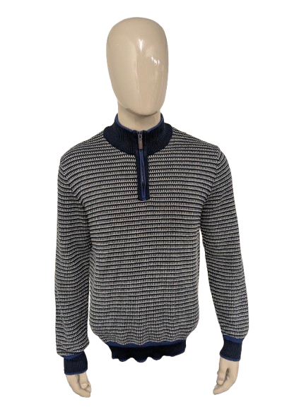 Blue Harbor -Pullover mit Reißverschluss. Blaues graues Motiv. Größe L.