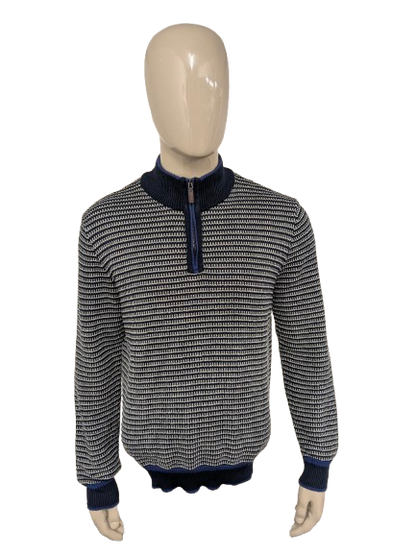 Blue Harbor -Pullover mit Reißverschluss. Blaues graues Motiv. Größe L.