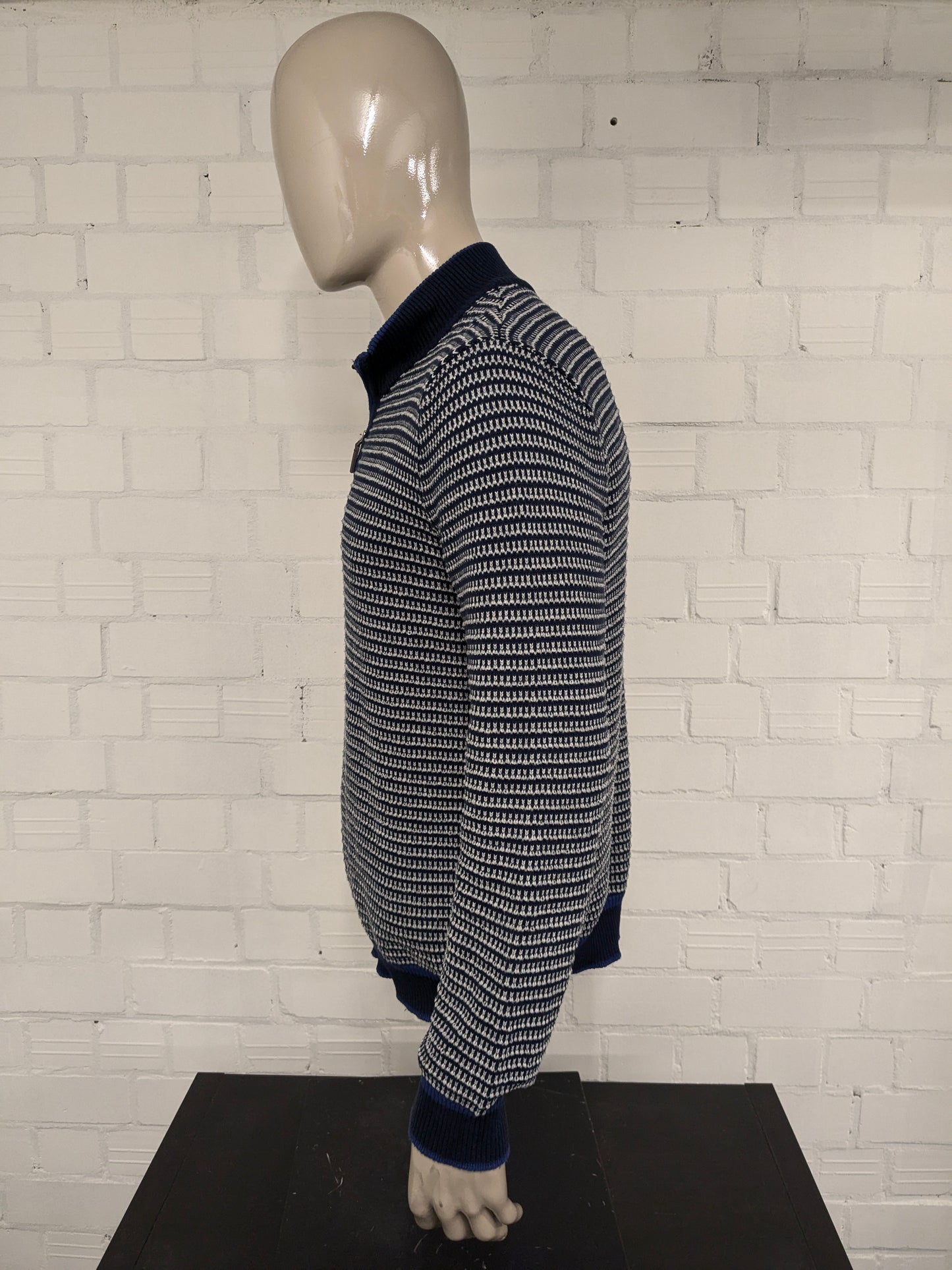 Blue Harbor -Pullover mit Reißverschluss. Blaues graues Motiv. Größe L.