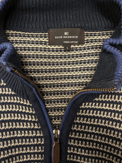 Blue Harbor -Pullover mit Reißverschluss. Blaues graues Motiv. Größe L.