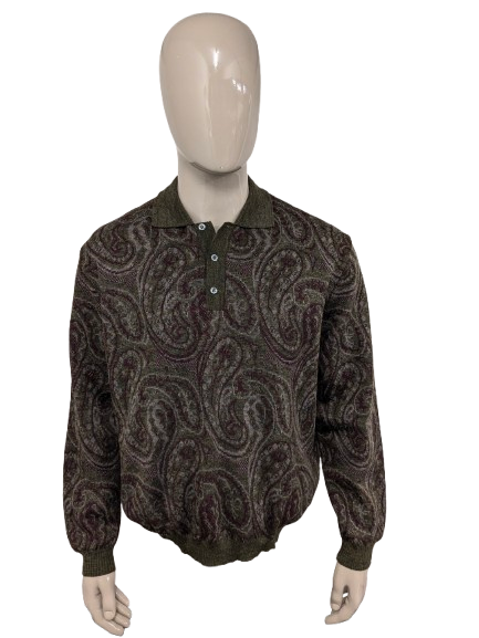 Pull de polo en laine vintage. Impression de Bordeaux Green Grey Bordeaux. Taille 2xl / xxl. 30% de laine.
