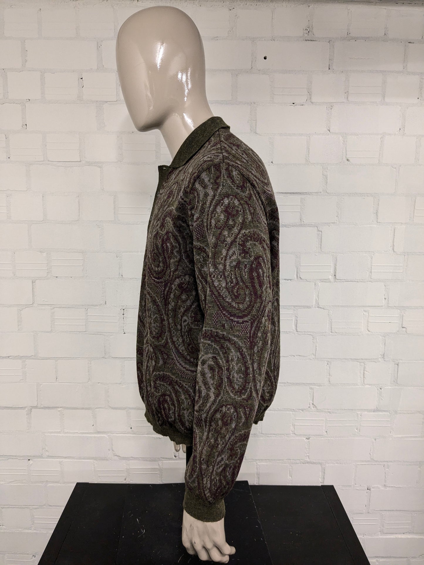 Pull de polo en laine vintage. Impression de Bordeaux Green Grey Bordeaux. Taille 2xl / xxl. 30% de laine.