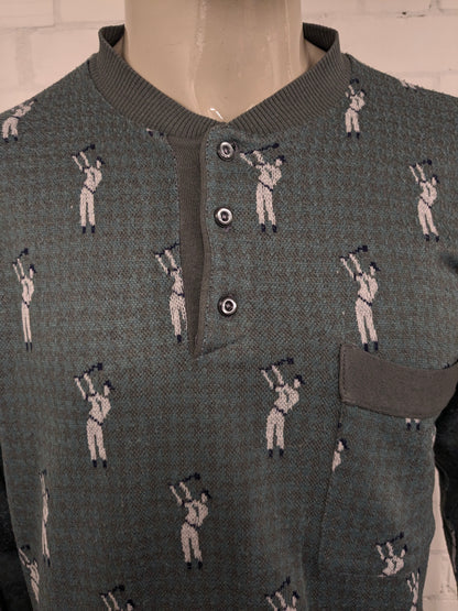 Vintage Fire Curo Lanvin's Project Pull avec boutons. Modèle de golf gris vert blanc. Taille L.