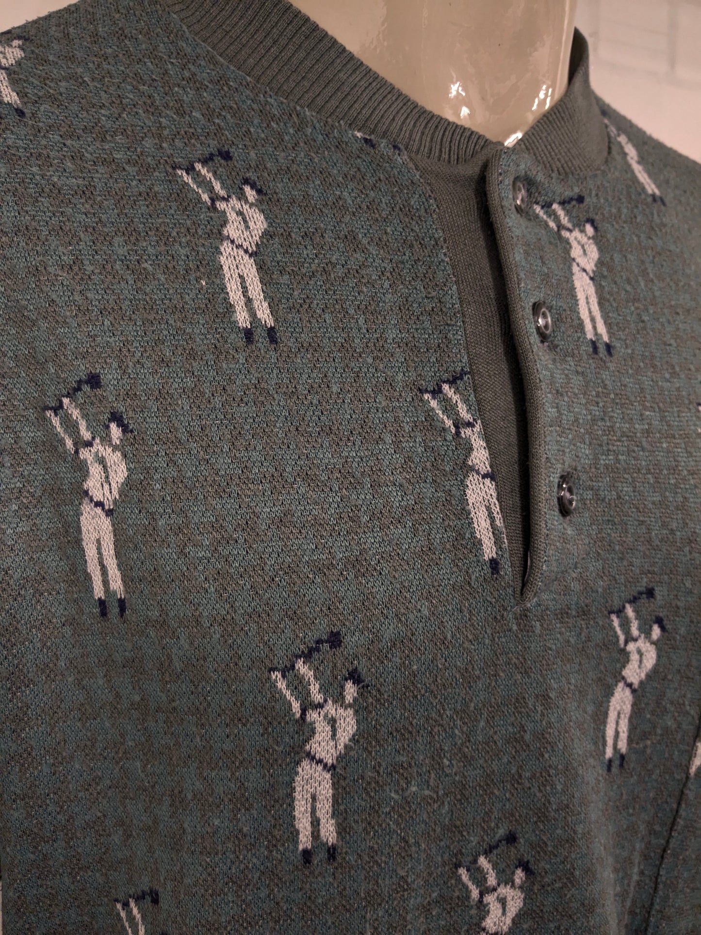 Vintage Fire Curo Lanvin's Project Pull avec boutons. Modèle de golf gris vert blanc. Taille L.