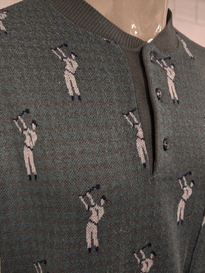 Vintage Fire Curo Lanvin's Project Pull avec boutons. Modèle de golf gris vert blanc. Taille L.