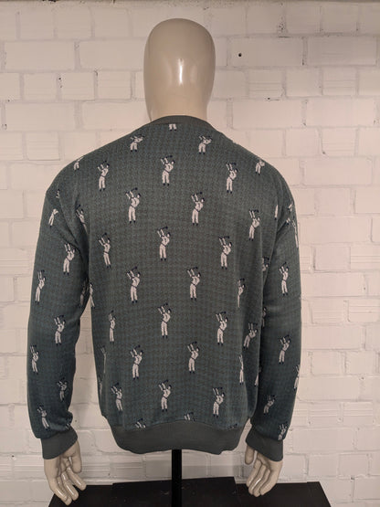 Vintage Fire Curo Lanvin's Project Pull avec boutons. Modèle de golf gris vert blanc. Taille L.