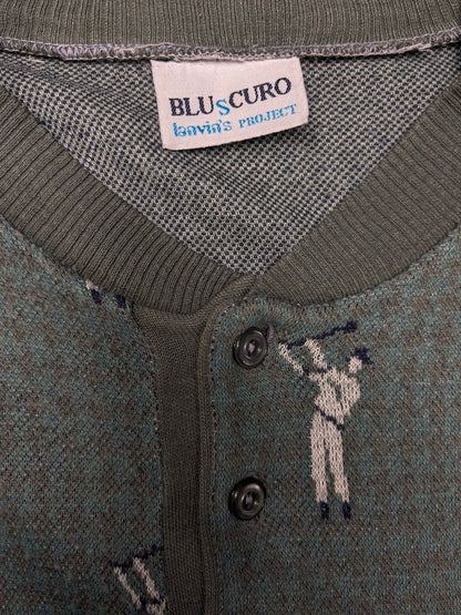 Vintage Fire Curo Lanvin's Project Pull avec boutons. Modèle de golf gris vert blanc. Taille L.