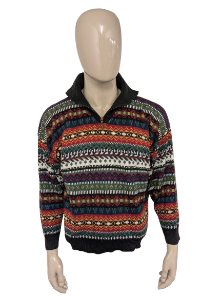 Pull complexe vintage avec fermeture éclair. Impression colorée. Taille xl.