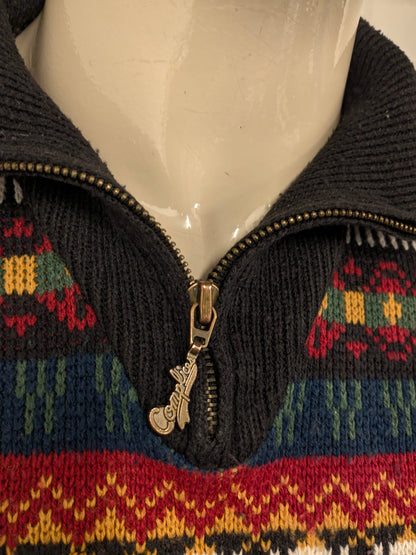 Pull complexe vintage avec fermeture éclair. Impression colorée. Taille xl.