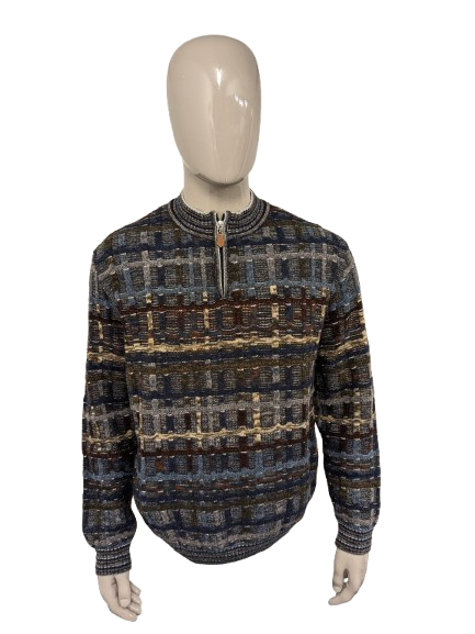 Suéter vintage de lana de botto con cremallera. Motín de color marrón verde gris azul. Tamaño xl. 60% de lana.