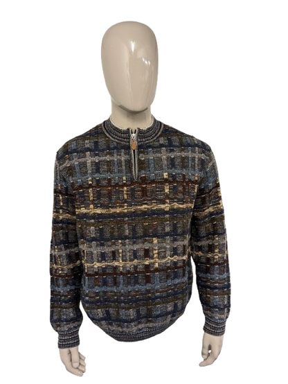 Suéter vintage de lana de botto con cremallera. Motín de color marrón verde gris azul. Tamaño xl. 60% de lana.
