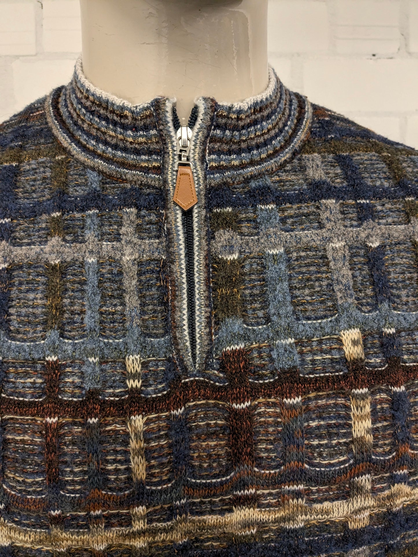 Suéter vintage de lana de botto con cremallera. Motín de color marrón verde gris azul. Tamaño xl. 60% de lana.