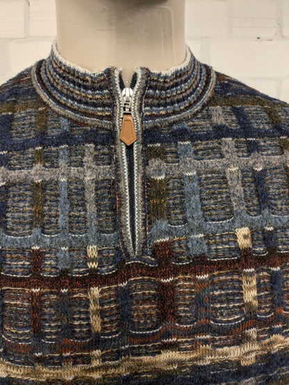 Suéter vintage de lana de botto con cremallera. Motín de color marrón verde gris azul. Tamaño xl. 60% de lana.