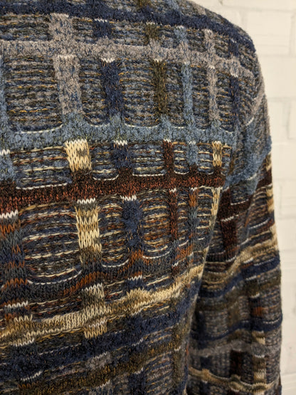 Suéter vintage de lana de botto con cremallera. Motín de color marrón verde gris azul. Tamaño xl. 60% de lana.