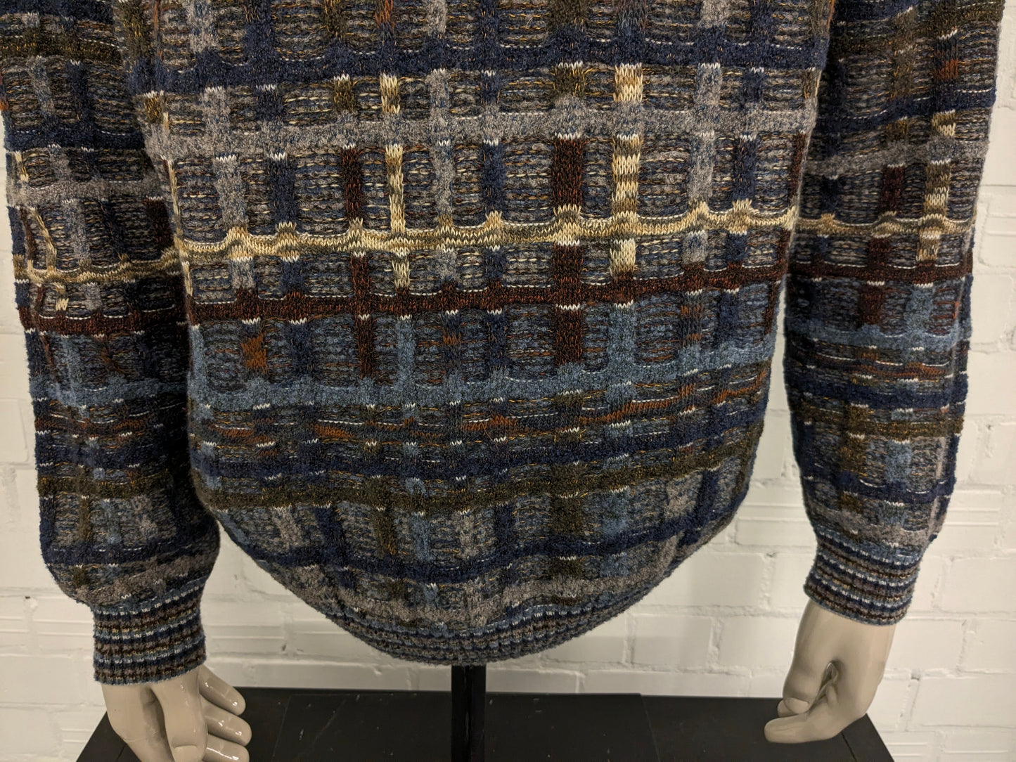 Suéter vintage de lana de botto con cremallera. Motín de color marrón verde gris azul. Tamaño xl. 60% de lana.