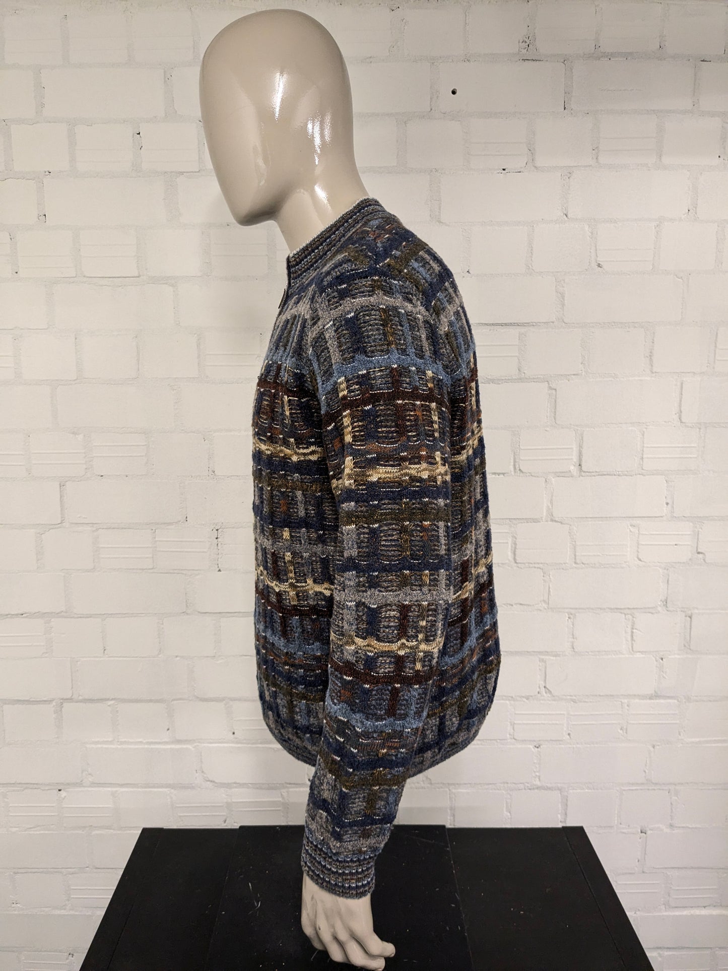 Suéter vintage de lana de botto con cremallera. Motín de color marrón verde gris azul. Tamaño xl. 60% de lana.