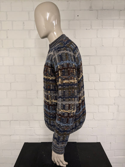 Suéter vintage de lana de botto con cremallera. Motín de color marrón verde gris azul. Tamaño xl. 60% de lana.