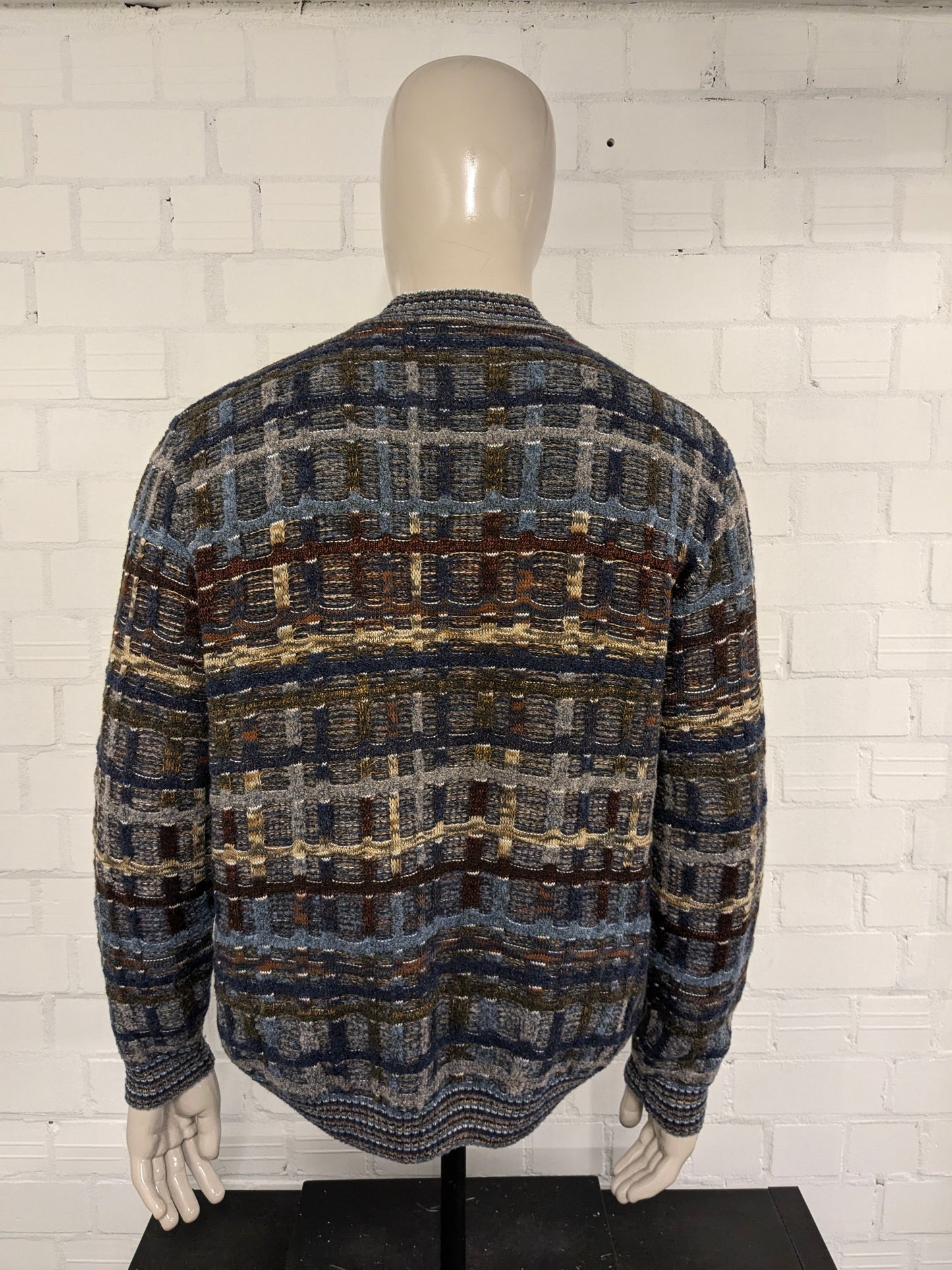 Suéter vintage de lana de botto con cremallera. Motín de color marrón verde gris azul. Tamaño xl. 60% de lana.