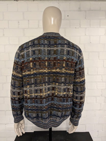 Suéter vintage de lana de botto con cremallera. Motín de color marrón verde gris azul. Tamaño xl. 60% de lana.