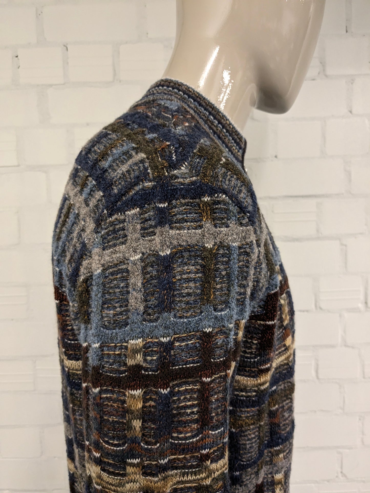 Suéter vintage de lana de botto con cremallera. Motín de color marrón verde gris azul. Tamaño xl. 60% de lana.