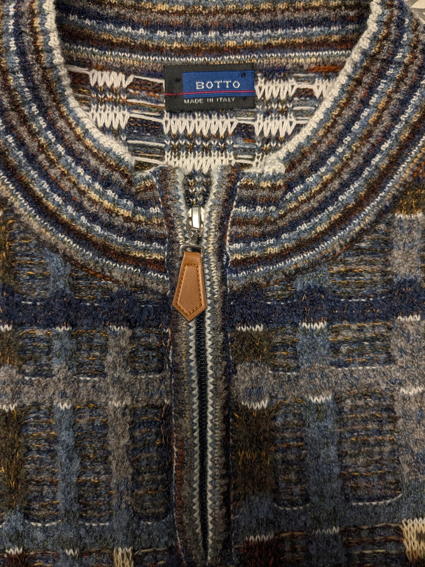 Suéter vintage de lana de botto con cremallera. Motín de color marrón verde gris azul. Tamaño xl. 60% de lana.