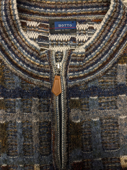 Suéter vintage de lana de botto con cremallera. Motín de color marrón verde gris azul. Tamaño xl. 60% de lana.