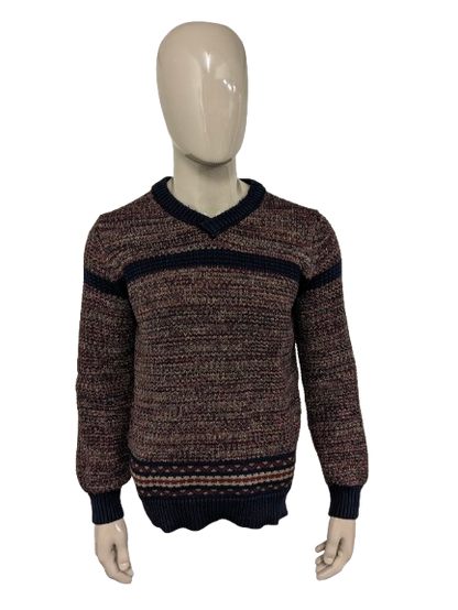 Pull en laine bleu Dansaert avec col en V. Kaki bleu rouge mélangé. Taille L. 10% de laine.