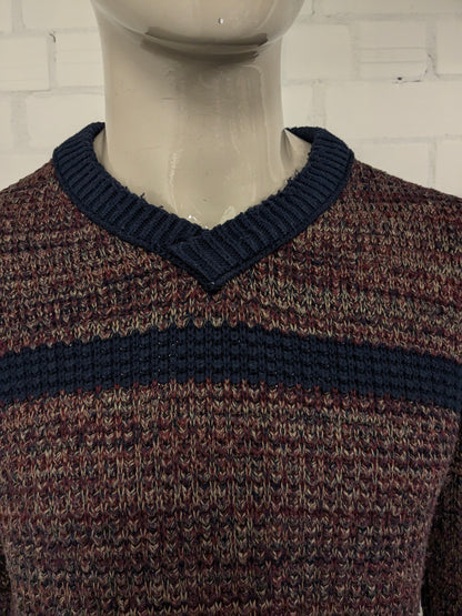 Pull en laine bleu Dansaert avec col en V. Kaki bleu rouge mélangé. Taille L. 10% de laine.