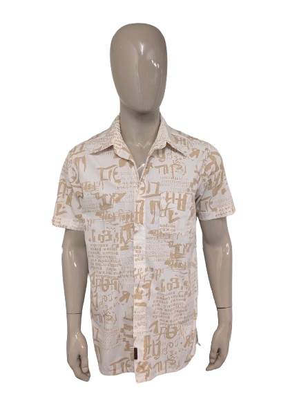Vintage Berto Lucci Hemd mit kurzen Ärmeln – beige/hellbrauner Aufdruck – Größe L