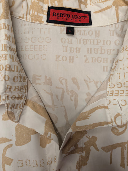 Vintage Berto Lucci shirt short sleeve. Beige Light Brown print. Size L.