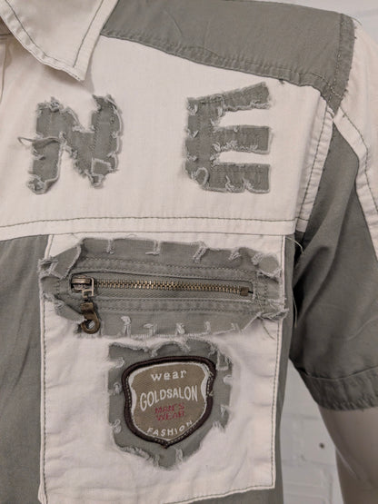 Vintage Man's Wear Goldsalon shirt short sleeve. Beige Green with applications and zippers. Size M.