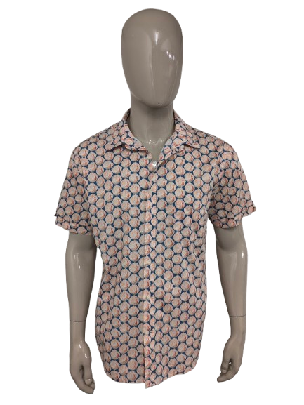 Camicia vintage Sports Craft a maniche corte. Stampa uccello blu arancione. Taglia XL. vestibilità affusolata.